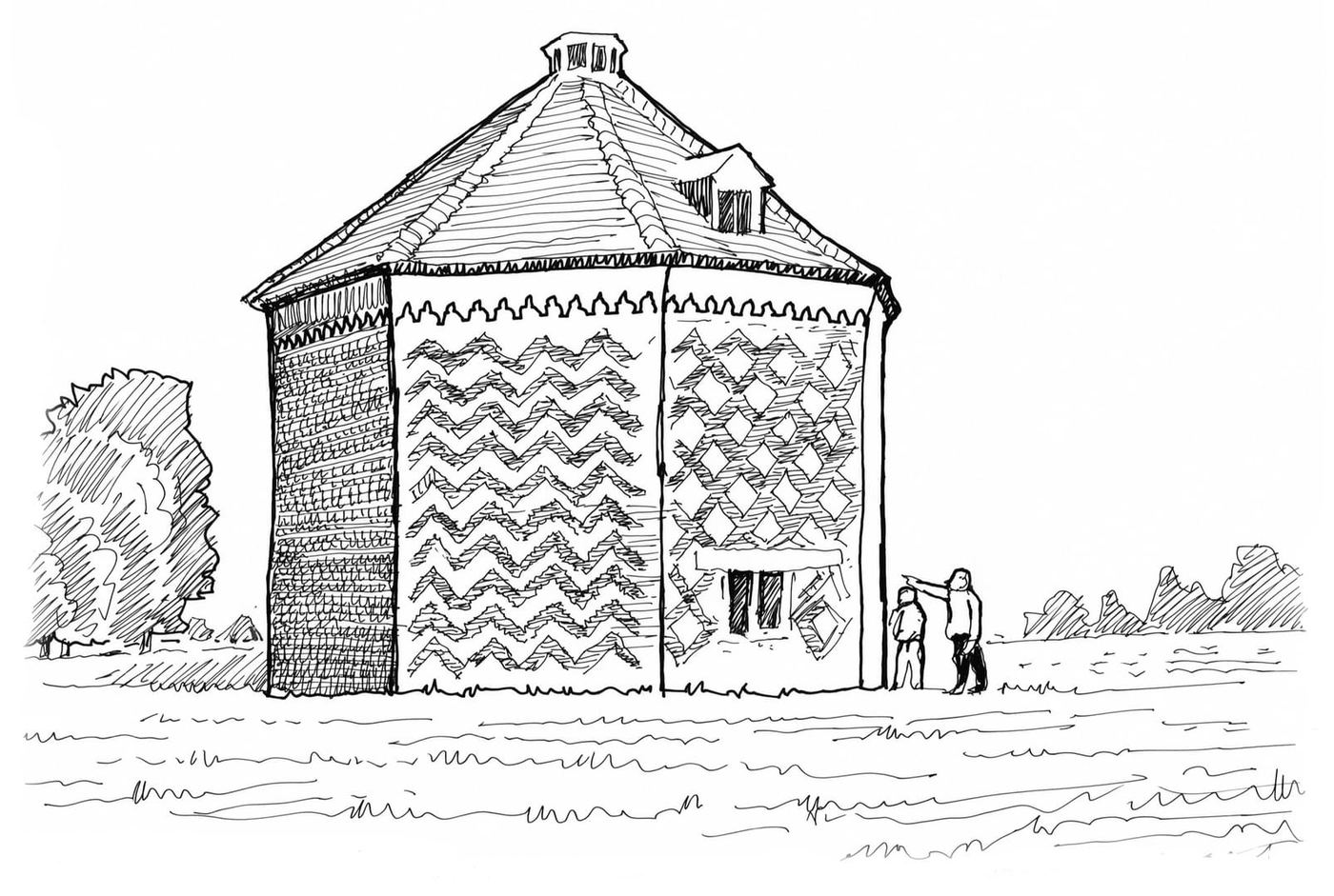 Sketch of the octagonal brick dovecot, showing its diaper brickwork patterns