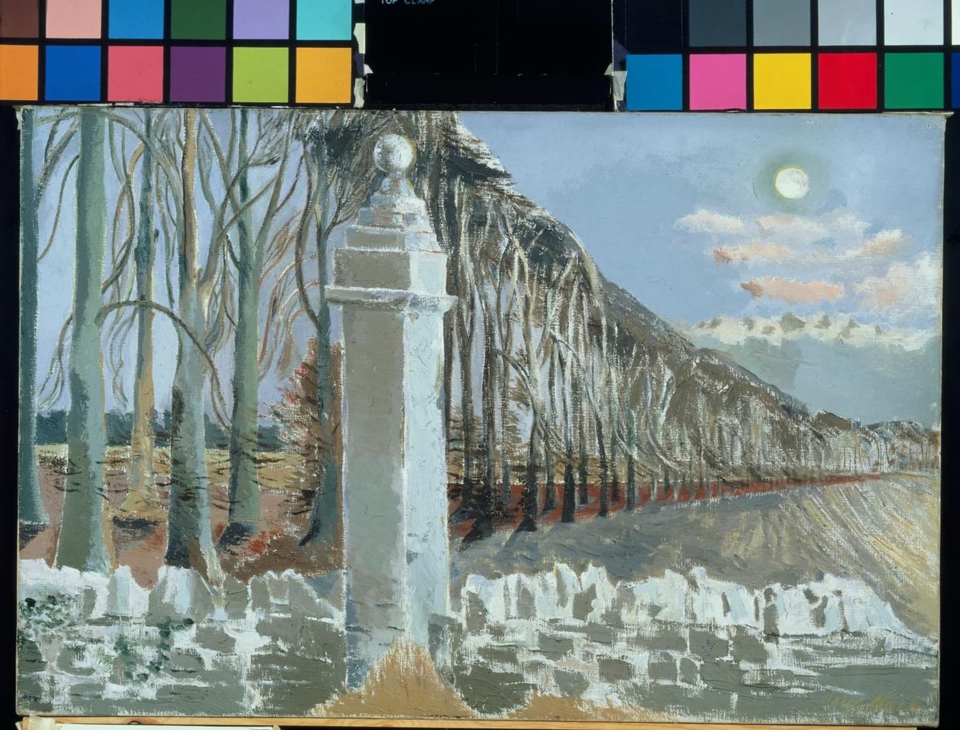 Illustration referencing Paul Nash's painting Pillar and Moon, showing a gate pier topped with a stone sphere beneath the moon